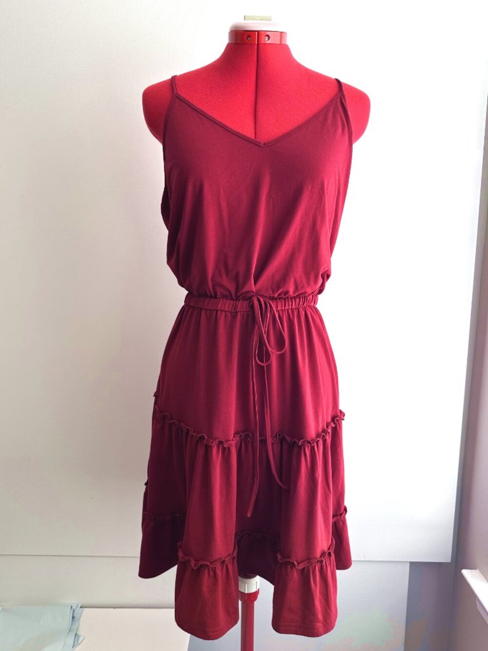 NEWSHOWS (L) Red Ruffle Sun Dress A-Line Sundress Drawstring Strappy Wine Dark